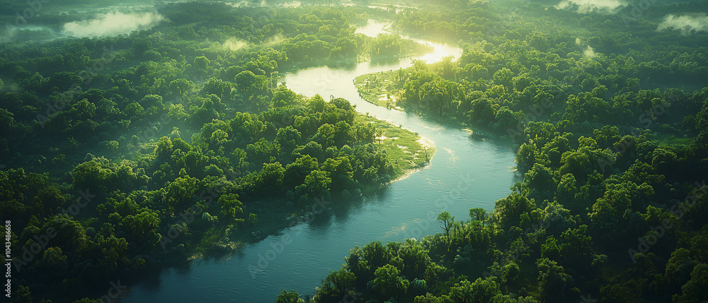 Aerial view of a winding river cutting through a dense forest, with sunlight reflecting on the water. Aerial view of a winding river cutting through a dense forest, with sunlight reflecting on the water.
