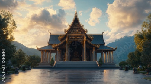 Serene Temple with Majestic Landscape at Sunset