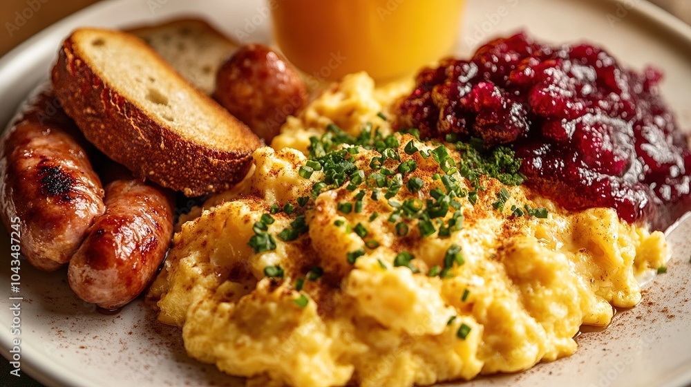 Gourmet Breakfast Plate with Paprika-Dusted Eggs and Sausages Gourmet Breakfast Plate with Paprika-Dusted Eggs and Sausages