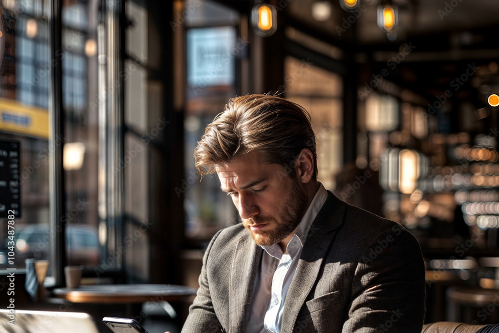 Fototapeta premium executive with a worried look in a coffee shop using his smartphone