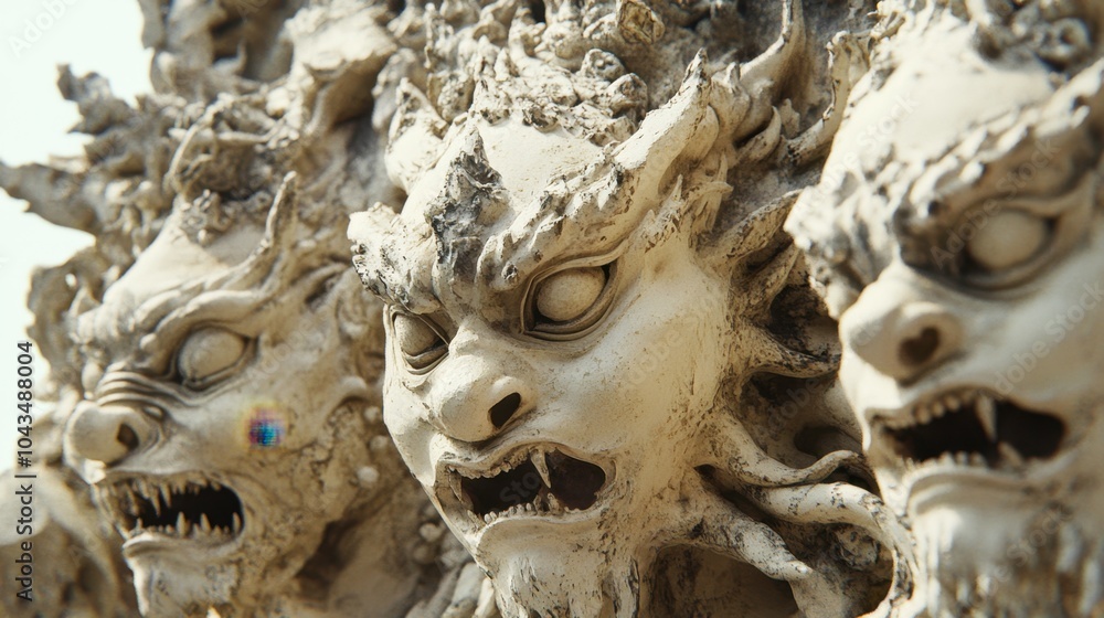 Fierce Stone Dragon Faces in Intricate Detail Fierce Stone Dragon Faces in Intricate Detail