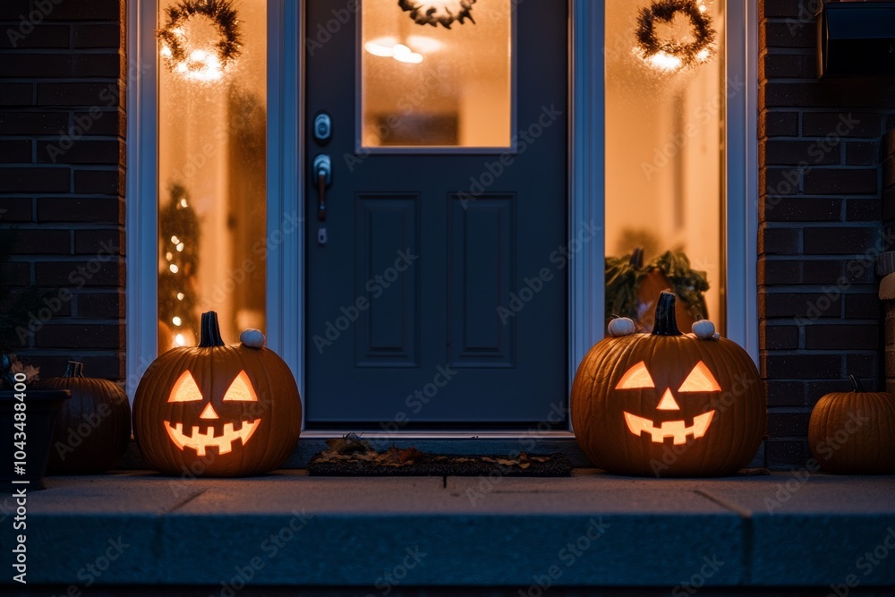 Obraz premium suburban american house front porch decorated with minimalist Halloween elements like sleek carved jack o lantern pumpkins and subtle lighting, captured clean and elegant style with ample copy space
