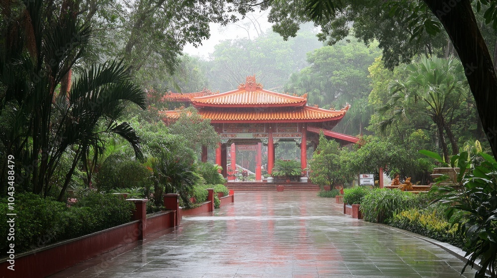 Fototapeta premium Serene Temple in Rainy Landscape