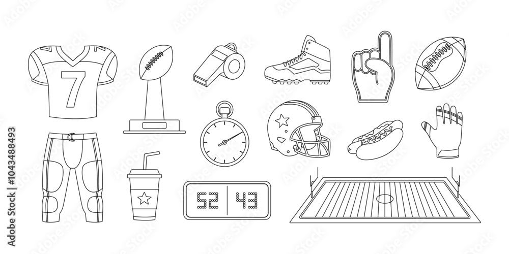 Fototapeta premium American football coloring page. Outline set with jersey, pants, prize, ball, whistle, stopwatch, scoreboard, boots, helmet, foam fingers, field, hot dog, drink and gloves. Coloring book for print