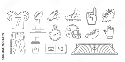 American football coloring page. Outline set with jersey, pants, prize, ball, whistle, stopwatch, scoreboard, boots, helmet, foam fingers, field, hot dog, drink and gloves. Coloring book for print