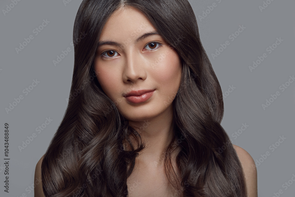 Beauty portrait of asian ethnicity beautiful young woman with a brunette long hair on a grey isolated Beauty portrait of asian ethnicity beautiful young woman with a brunette long hair on a grey isolated