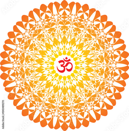 Openwork yellow-orange elegant mandala on a white background. The sign aum, om, ohm in the center. Yellow, orange colors. Vector graphics.