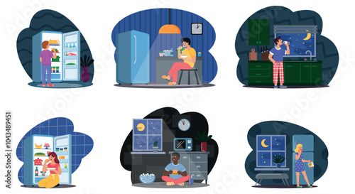 Happy people open the refrigerator in the kitchen at night