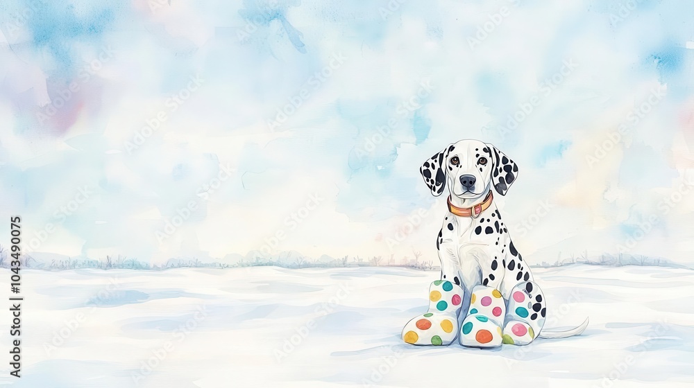 A Dalmatian in polka-dot snow boots sitting in the middle of a snowy field, its black spots contrasting with the pure white snow A Dalmatian in polka-dot snow boots sitting in the middle of a snowy field, its black spots contrasting with the pure white snow