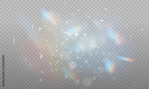 The light of Rainbow and white dust. Bokeh light effect background png. A gorgeous Christmas glowing dust background. A beautiful Rainbow flickering glow with confetti bokeh light and crystal flare.