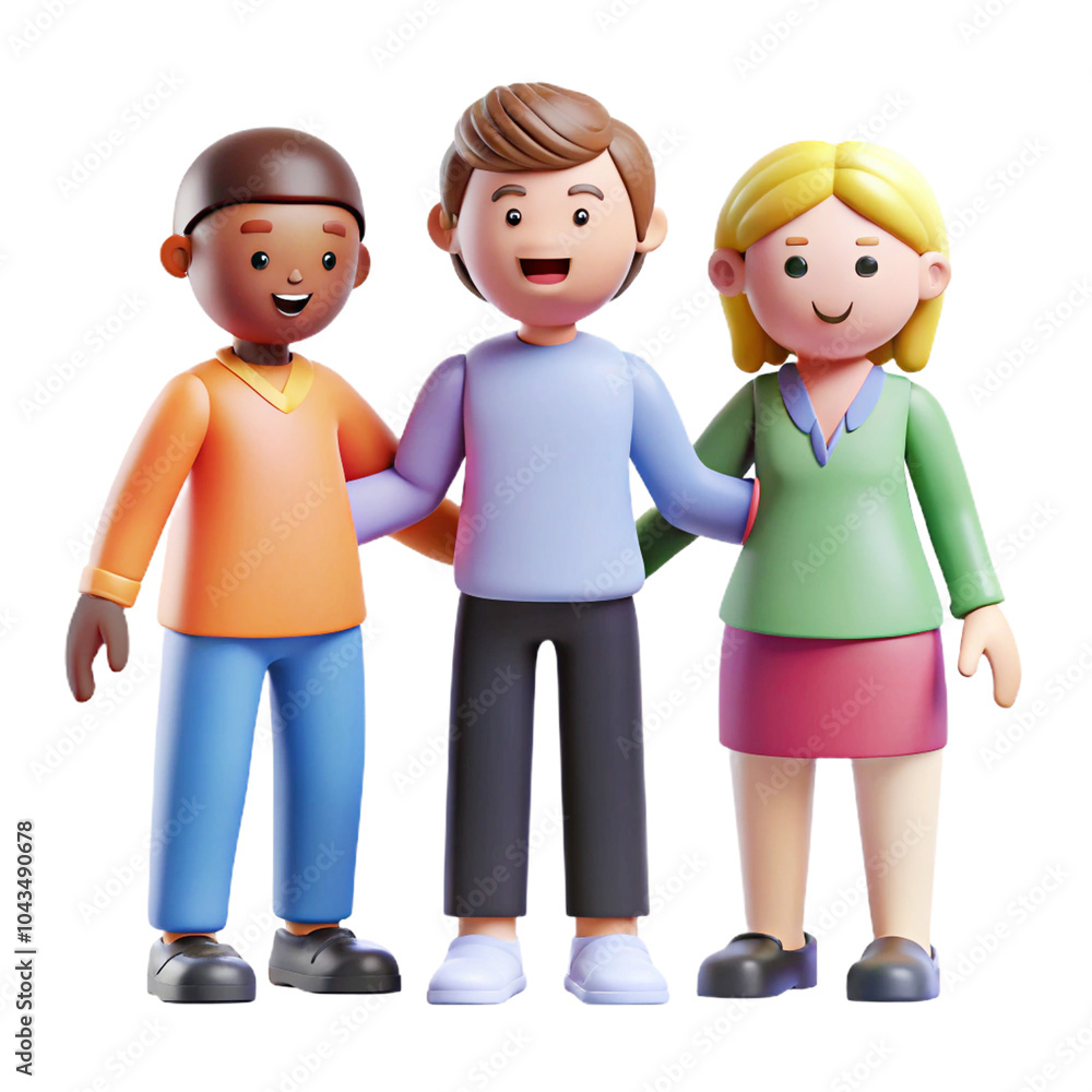 Fototapeta premium Multicolored people holding hands 3d cartoon style illustration
