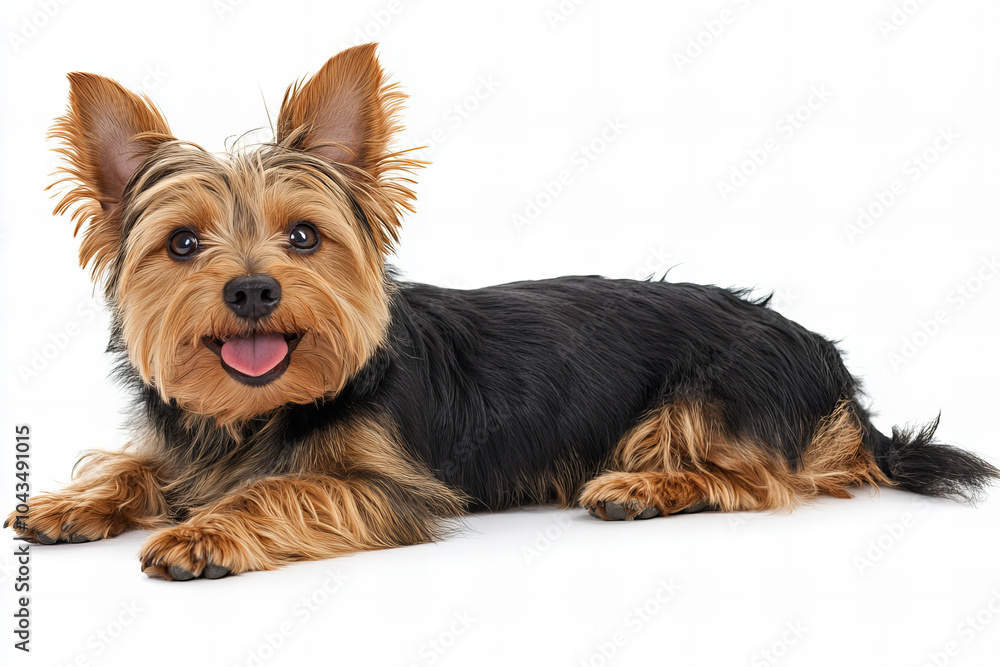 Adorable Yorkshire Terrier Puppy Lying on Back, Happy and Relaxed, Cute Small Dog with Fluffy Fur, Playful and Cheerful Expression, Isolated on White Background with Copy Space for Pet Products Adorable Yorkshire Terrier Puppy Lying on Back, Happy and Relaxed, Cute Small Dog with Fluffy Fur, Playful and Cheerful Expression, Isolated on White Background with Copy Space for Pet Products