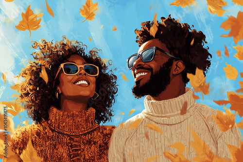 African American happy couple Sunny weather hipster people smiling in golden autumn leaves. Smiling friends hugging in falling leaves. Romantic walk, happy couple with warm pullovers in autumn park. photo