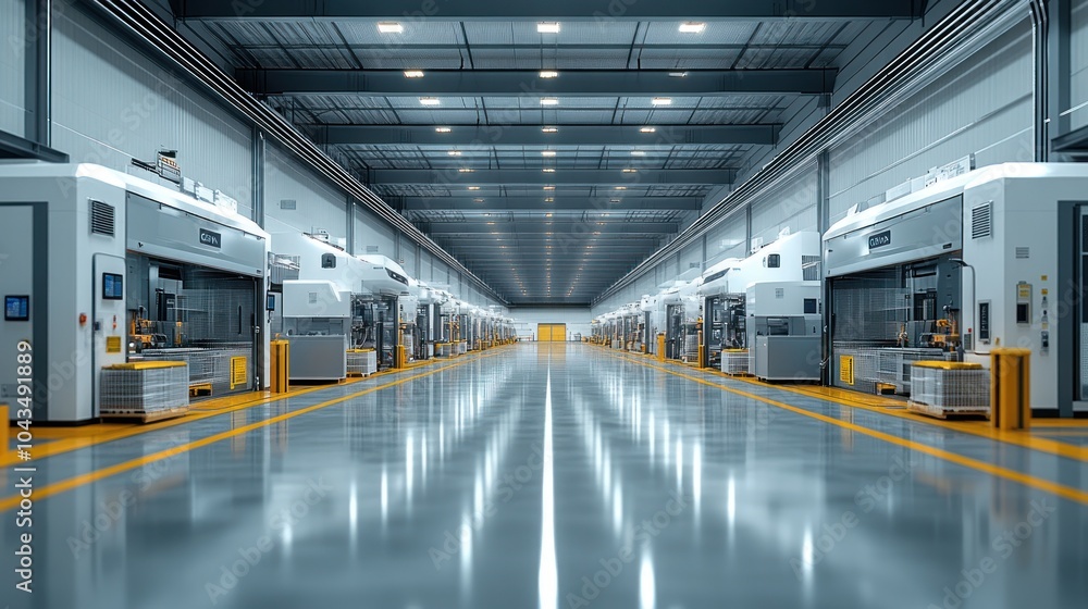 A large, modern warehouse with rows of automated machinery and a clean, reflective floor. A large, modern warehouse with rows of automated machinery and a clean, reflective floor.