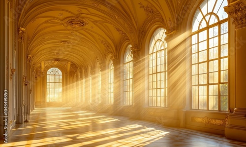 Sunlight streams through arched windows in a golden hallway.