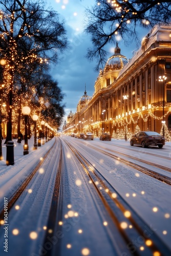 A picturesque winter evening with snow-covered tracks and illuminated buildings