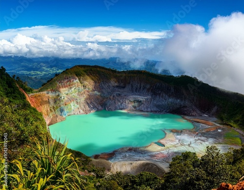 Volcano Poas with Turquoise crater lake in the rainforest of Costa Rica photo