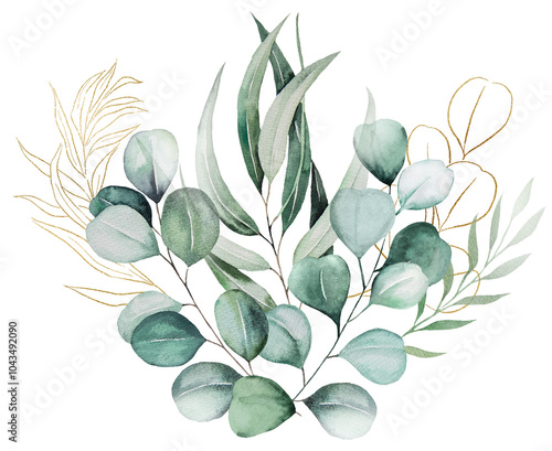 Bouquet with green and golden watercolor eucalyptus leaves, wedding illustration