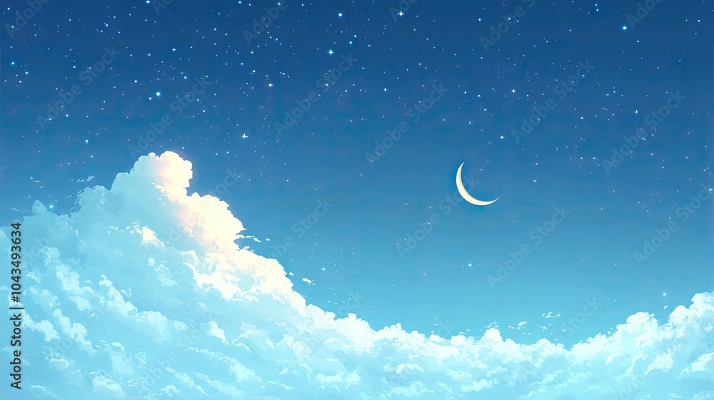 Light blue sky with a crescent moon and stars, symbolizing night and tranquility. Light blue sky with a crescent moon and stars, symbolizing night and tranquility.