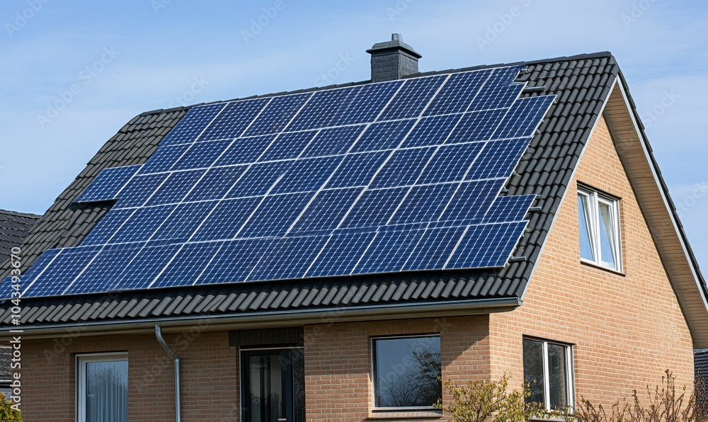 Fototapeta premium Brick house with solar panels on roof.