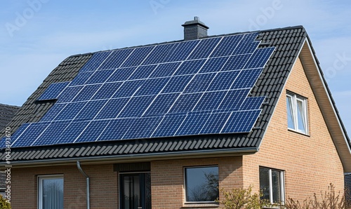 Brick house with solar panels on roof.