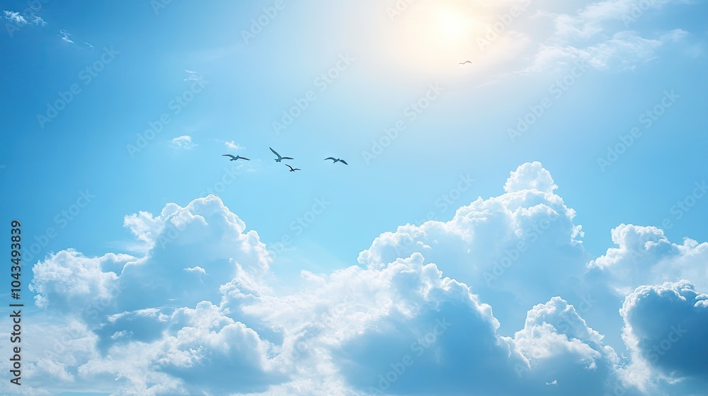 Fototapeta premium Light blue sky with fluffy clouds and birds flying in the distance, providing a sense of peace.