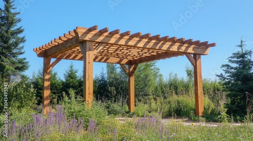 Cedar pergola set amidst a natural landscape, blending with the blue sky and tall trees.