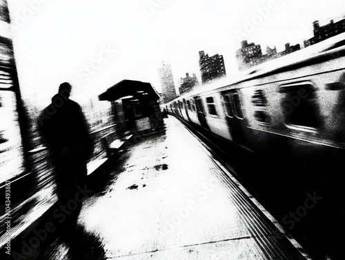 A blurred, monochrome scene of a subway station, depicting a lone figure on the platform with a train approaching, creating a sense of motion and solitude.