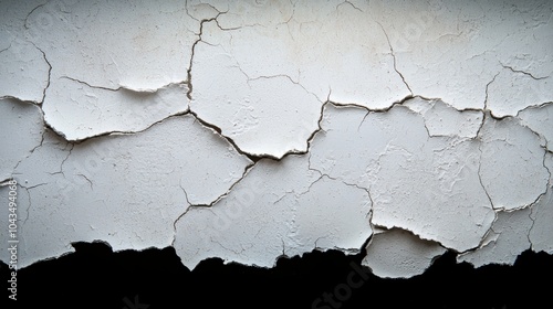 Cracked and peeling white wall texture on a dark background