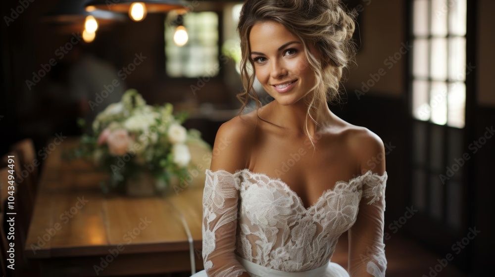 Fototapeta premium A woman in a wedding dress is smiling at the camera