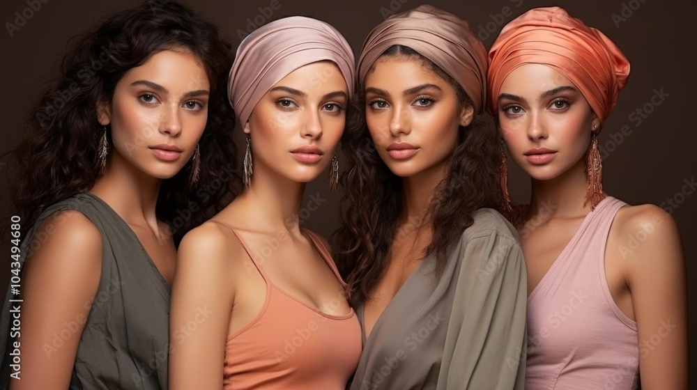 Four women wearing different colored head scarves Four women wearing different colored head scarves