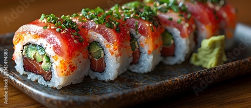 A vibrant sushi platter featuring fresh, colorful rolls topped with fish, avocado, and garnished with herbs, served on a textured plate for an appetizing presentation.