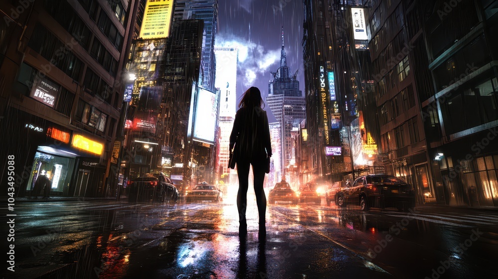 A solitary figure stands in a rain-soaked urban street, illuminated by neon lights, creating a moody, atmospheric scene. A solitary figure stands in a rain-soaked urban street, illuminated by neon lights, creating a moody, atmospheric scene.