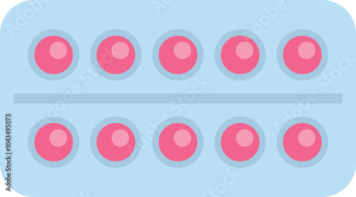 Blue blister pack containing a course of circular pink pills is lying flat, isolated on white