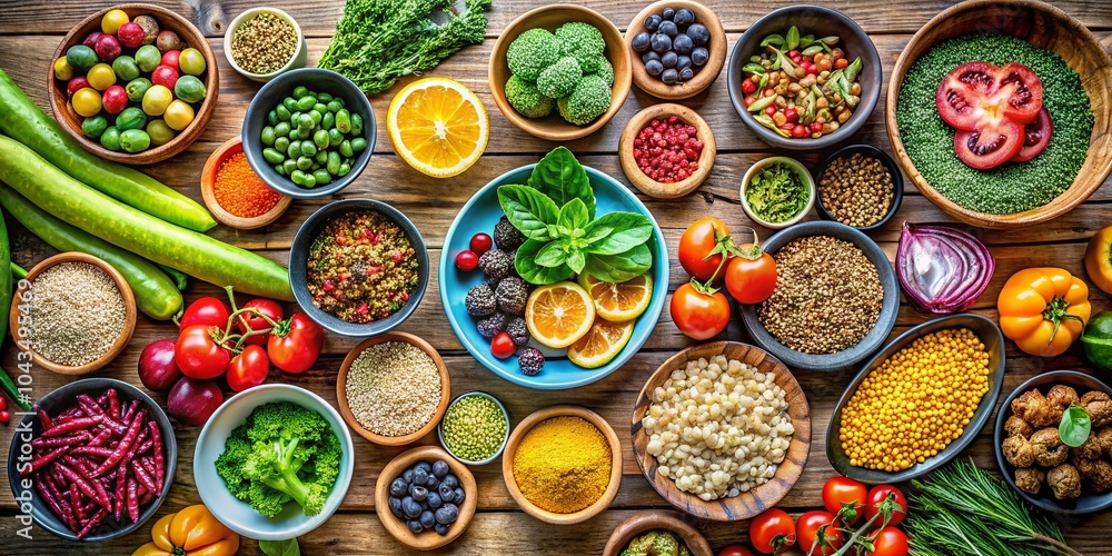 Fototapeta premium Aerial View of Healthy Vegetarian Ingredients: Seeds, Buckwheat, Green Vegetables, and Fruits for Clean Eating and