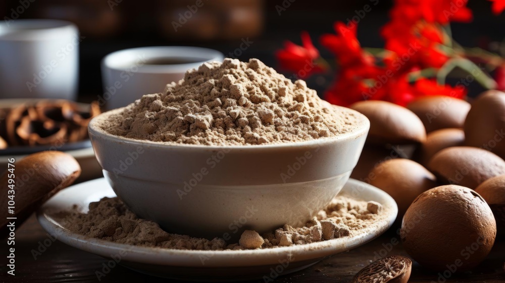 A bowl of powder is on a white plate next to a cup of coffee A bowl of powder is on a white plate next to a cup of coffee