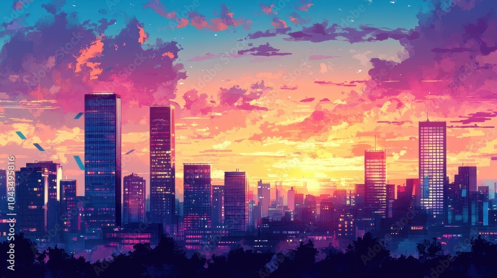 Fototapeta premium An urban landscape at sunset with silhouettes of skyscrapers, vibrant colors reflecting off the glass windows, and soft clouds scattered across the sky