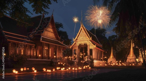 Serene Night Scene with Fireworks and Lanterns