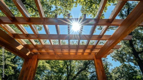 Sunlit cedar pergola with intricate beams, overlooking trees swaying against the open sky photo