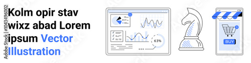 Business analytics interface, a chess knight, and a mobile shopping app. Ideal for business analysis, data visualization, strategic planning, online shopping, e-commerce. Banner for landing page