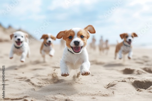 A group of playful puppies running on a blank sandy beach, with space for text or logos. Perfect for dog-friendly travel advertisements, pet product branding, or vacation promotions.