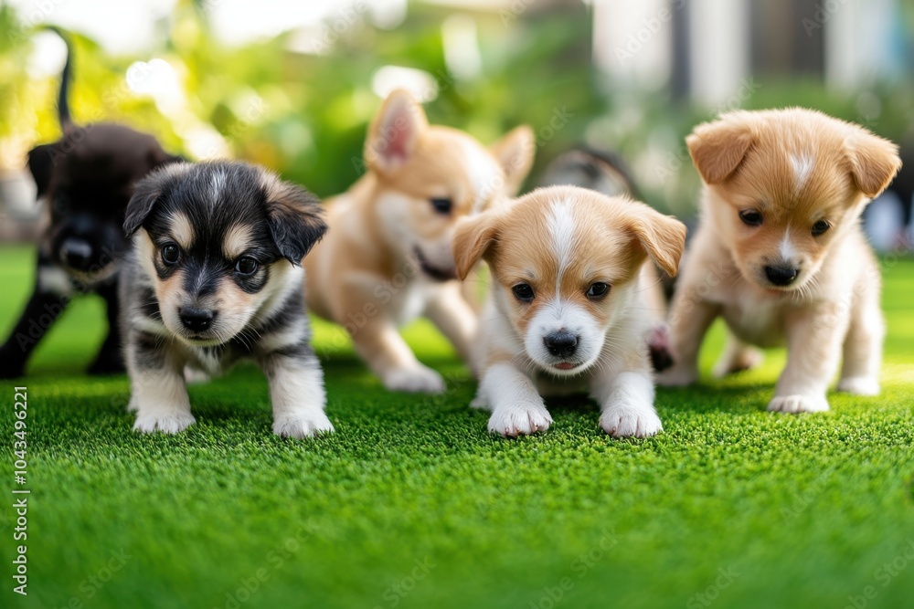 A group of puppies playing on a blank green lawn with space for text or logos. Perfect for dog adoption campaigns, pet park advertisements, or puppy food and toy branding. A group of puppies playing on a blank green lawn with space for text or logos. Perfect for dog adoption campaigns, pet park advertisements, or puppy food and toy branding.