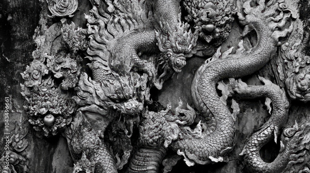 Obraz premium Intricate Black and White Dragon Sculpture Art