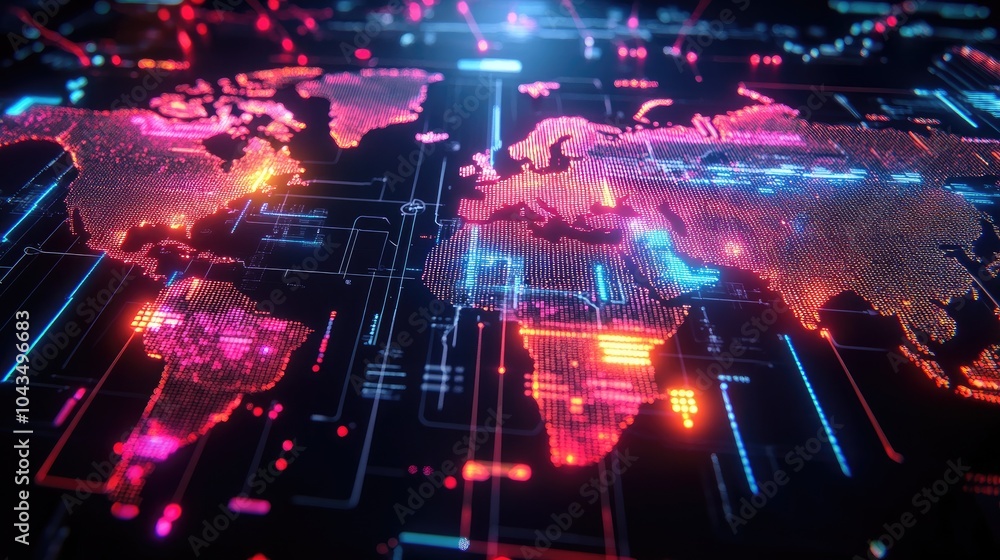 Obraz premium Polygonal glowing map, representing innovation and digital transformation in business applications, with bright neon lines.