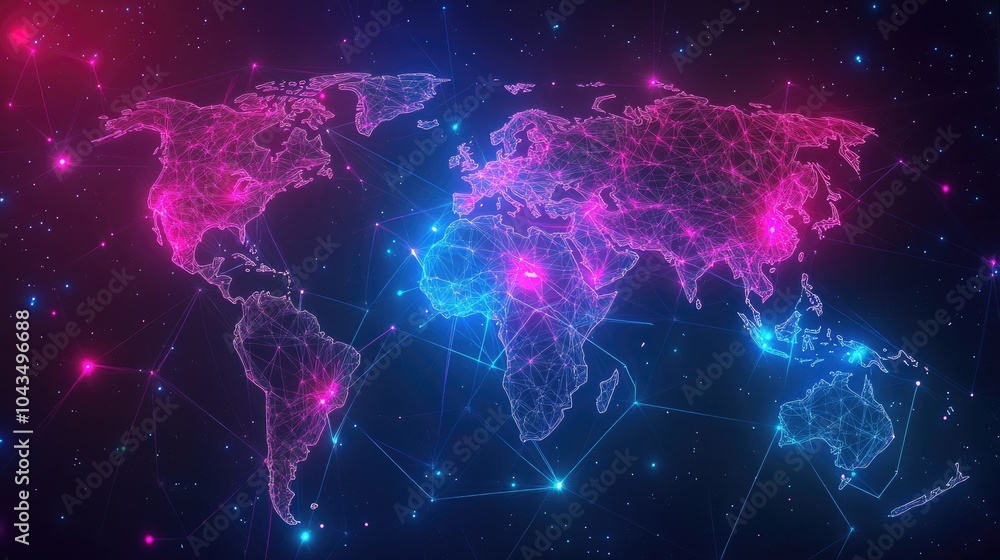 Polygonal glowing map, representing innovation and digital transformation in business applications, with bright neon lines. Polygonal glowing map, representing innovation and digital transformation in business applications, with bright neon lines.
