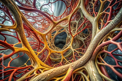 Aerial View of Organic Red Structures Mimicking Blood Vessels in Arteriography – Stunning Abstract Imagery for Medical photo