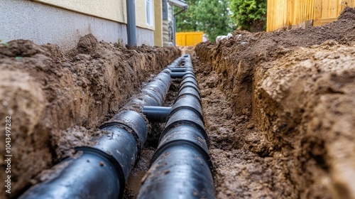 Wallpaper Mural PVC pipes in a freshly dug trench near a summer cottage, showcasing expert plumbing for a reliable water supply. Torontodigital.ca