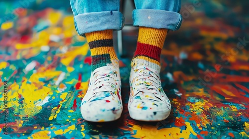 An artist painting socks on a canvas, overtheshoulder shot, vibrant indoor lighting photo