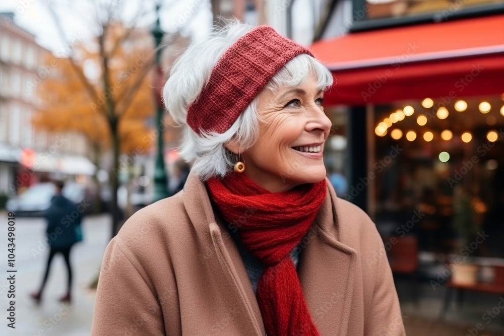 Portrait of a happy senior woman in winter coat and red hat outdoors Portrait of a happy senior woman in winter coat and red hat outdoors
