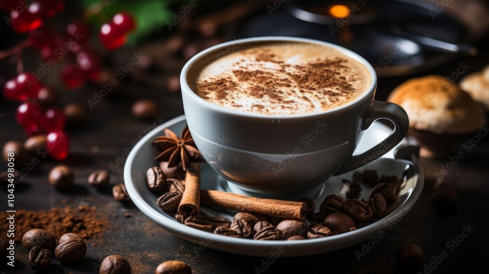 A white coffee cup with cinnamon and coffee grounds on a plate A white coffee cup with cinnamon and coffee grounds on a plate